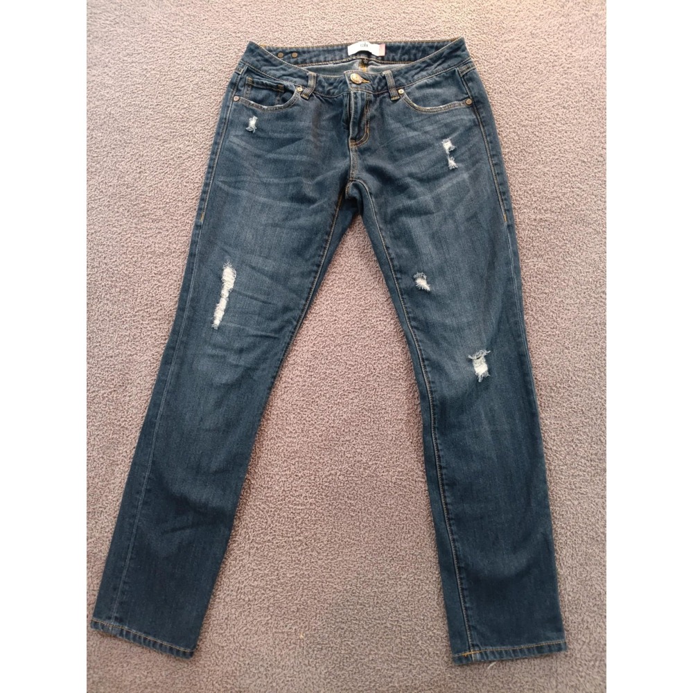 Cabi Slim Boyfriend Jeans Women's Size 4 Dark Wash Distressed Mid‎ Rise